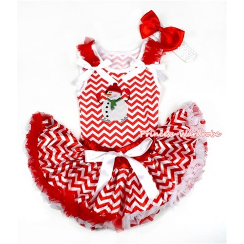 Xmas Red White Wave Baby Pettitop with Ice-Skating Snowman Print with Red Ruffles & White Bow with Red White Wave Newborn Pettiskirt BG094 