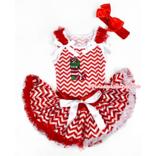 Xmas Red White Wave Baby Pettitop with Christmas Stocking Print with Red Ruffles & White Bow with Red White Wave Newborn Pettiskirt BG096 