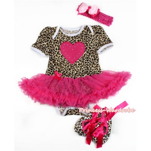 Leopard Baby Bodysuit Jumpsuit Hot Pink Pettiskirt With Hot Pink Heart Print With Hot Pink Headband Light Hot Pink Ribbon Bow With Hot Pink Ribbon Leopard Shoes JS2133 
