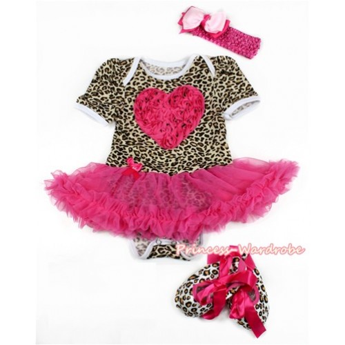 Leopard Baby Bodysuit Jumpsuit Hot Pink Pettiskirt With Hot Pink Rosettes Heart Print With Hot Pink Headband Light Hot Pink Ribbon Bow With Hot Pink Ribbon Leopard Shoes JS2135 