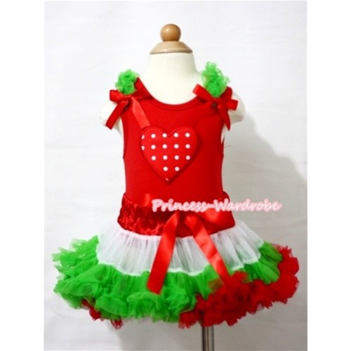 X'mas Red White Polka Dots Heart Print Red Baby Pettitop with Dark Green Ruffles Hot Red Bows & Hot Red White Dark Green Baby Pettiskirt NG1021 