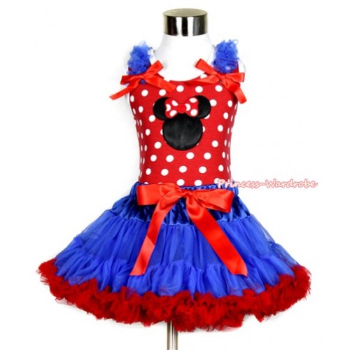 Minnie Dots Tank Top with Minnie Print with Royal Blue Ruffles & Red Bow & Royal Blue Red Pettiskirt MH137 