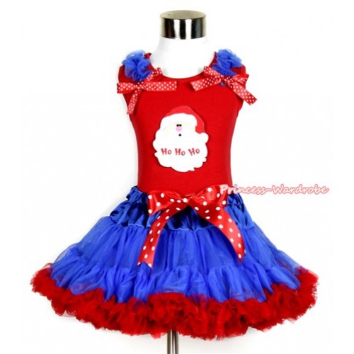 Xmas Red Tank Top with Santa Claus Print with Royal Blue Ruffles & Minnie Dots Bow & Minnie Dots Bow Royal Blue Red Pettiskirt CM164 