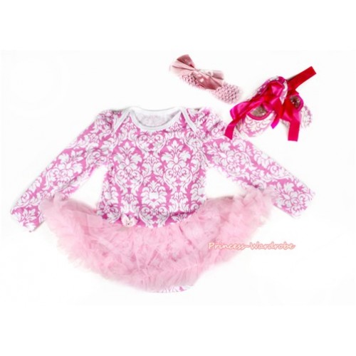 Light Pink Damask Long Sleeve Baby Bodysuit Jumpsuit Light Pink Pettiskirt With Light Pink Headband Light Pink Satin Bow & Hot Pink Ribbon Pink White Damask Shoes JS2209 