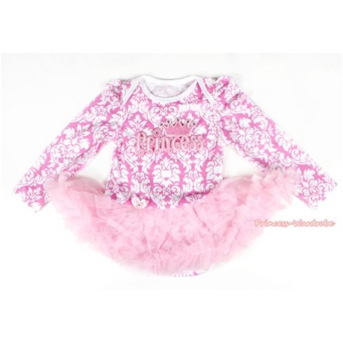 Light Pink White Damask Long Sleeve Baby Bodysuit Jumpsuit Light Pink Pettiskirt With Princess Print JS2161 