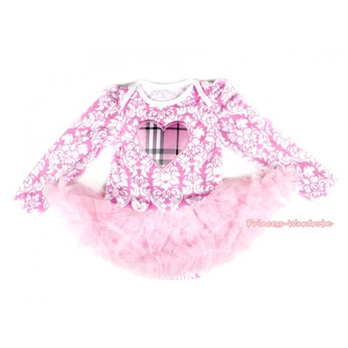 Light Pink White Damask Long Sleeve Baby Bodysuit Jumpsuit Light Pink Pettiskirt With Light Pink Black Checked Heart Print JS2162 