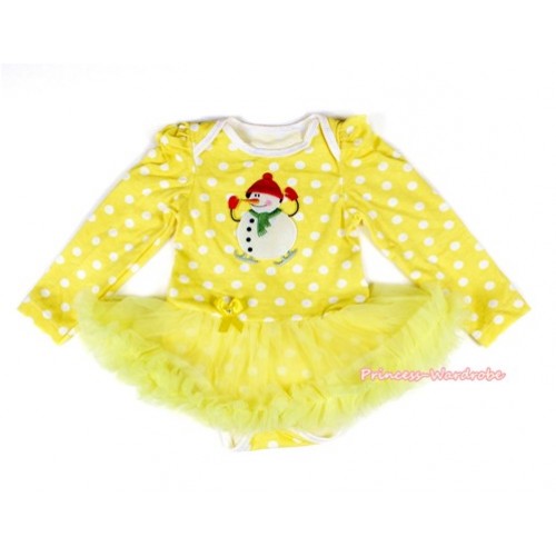 Xmas Yellow White Dots Long Sleeve Baby Bodysuit Jumpsuit Yellow Pettiskirt With Ice-Skating Snowman Print JS2172 