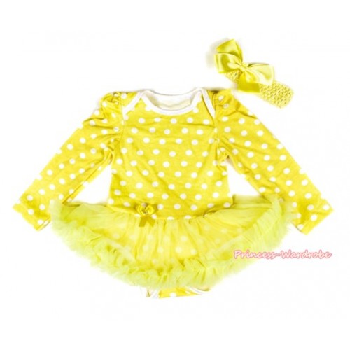 Yellow White Dots Long Sleeve Baby Bodysuit Jumpsuit Yellow Pettiskirt With Yellow Headband Yellow Silk Bow JS2175 