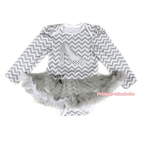 Grey White Wave Long Sleeve Baby Bodysuit Jumpsuit Grey White Pettiskirt With Sparkle White High Heel Shoes Print JS2223 