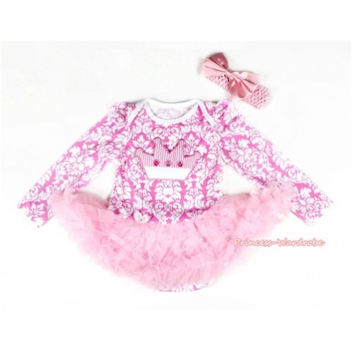 Light Pink White Damask Long Sleeve Baby Bodysuit Jumpsuit Light Pink Pettiskirt With Crown Print & Light Pink Headband Light Pink Satin Bow JS2193 