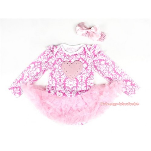 Light Pink White Damask Long Sleeve Baby Bodysuit Jumpsuit Light Pink Pettiskirt With Light Pink Heart Print & Light Pink Headband Light Pink Silk Bow JS2196 