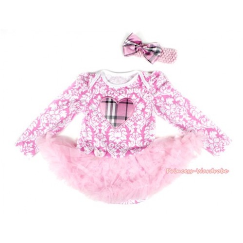 Light Pink White Damask Long Sleeve Baby Bodysuit Jumpsuit Light Pink Pettiskirt With Light Pink Checked Heart Print & Light Pink Headband Light Pink Checked Satin Bow JS2199 