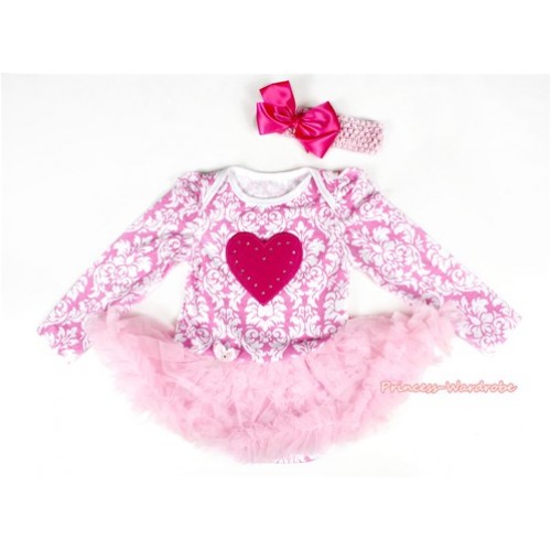 Light Pink White Damask Long Sleeve Baby Bodysuit Jumpsuit Light Pink Pettiskirt With Hot Pink Heart Print & Light Pink Headband Hot Pink Silk Bow JS2200 