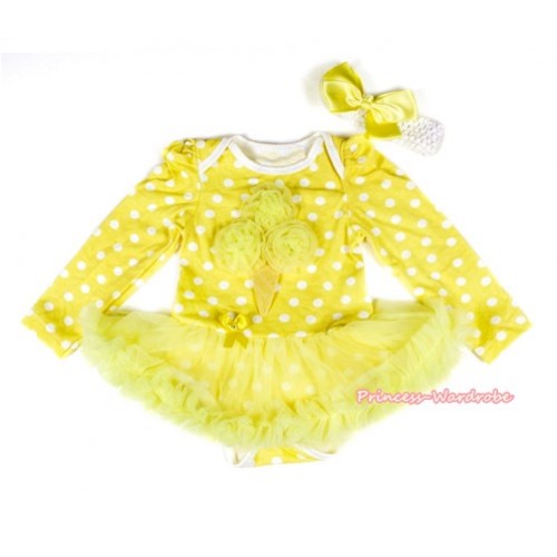 Yellow White Dots Long Sleeve Baby Bodysuit Jumpsuit Yellow Pettiskirt With Yellow Rosettes Ice Cream Print & White Headband Yellow Silk Bow JS2205 