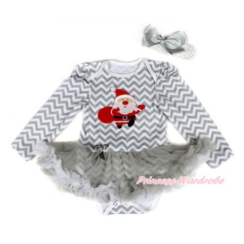 Xmas Grey White Wave Long Sleeve Baby Bodysuit Jumpsuit Grey White Pettiskirt With Gift Bag Santa Claus Print & White Headband Grey Silk BowJS2237 