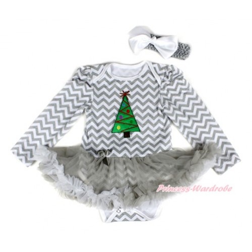 Xmas Grey White Wave Long Sleeve Baby Bodysuit Jumpsuit Grey White Pettiskirt With Christmas Tree Print & Grey Headband White Silk BowJS2241 