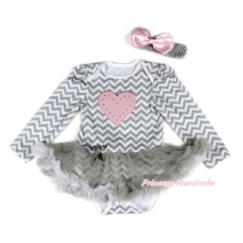 Grey White Wave Long Sleeve Baby Bodysuit Jumpsuit Grey White Pettiskirt With Light Pink Heart Print & Grey Headband Light Pink Silk BowJS2245 
