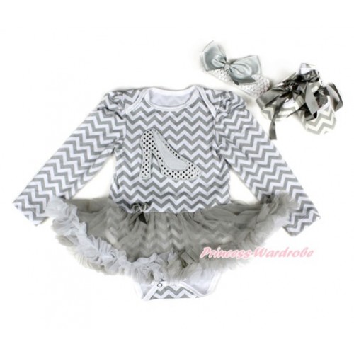 Grey White Wave Long Sleeve Baby Bodysuit Jumpsuit Grey White Pettiskirt With Sparkle White High Heel Shoes Print With White Headband Grey Silk Bow & Grey Ribbon Grey White Wave Shoes JS2249 