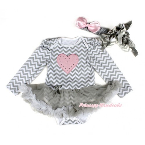 Grey White Wave Long Sleeve Baby Bodysuit Jumpsuit Grey White Pettiskirt With Light Pink Heart Print With Grey Headband Light Pink Silk Bow & Grey Ribbon Grey White Wave Shoes JS2284 