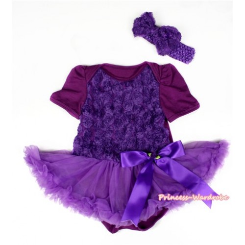 Valentine's Day Dark Purple Romantic Rose Baby Bodysuit Jumpsuit Dark Purple Pettiskirt & Dark Purple Bow With Dark Purple Headband Dark Purple Rose Bow JS2287 