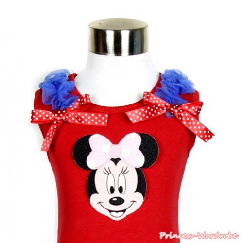 Xmas Red Tank Top With Light Pink Minnie Print with Royal Blue Ruffles & Red Bow TN085 