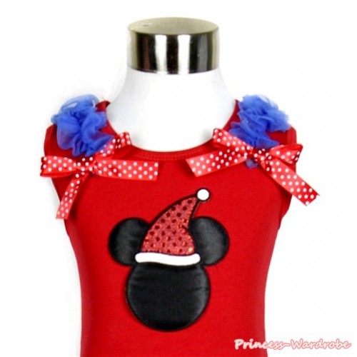Xmas Red Tank Top With Christmas Mitnnie Print with Royal Blue Ruffles & Red Bow TN086 