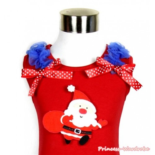 Xmas Red Tank Top With Gift Bag Santa Claus with Royal Blue Ruffles & Red Bow TN087 