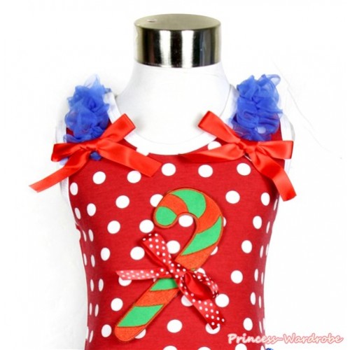 Xmas Minnie Polka Dots Tank Top With Christmas Stick Print & Minnie Dots Bow with Royal Blue Ruffles and Red Bows TP182 