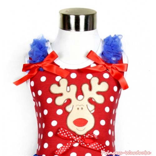 Xmas Minnie Polka Dots Tank Top With Christmas Reindeer Print & Minnie Dots Bow with Royal Blue Ruffles and Red Bows TP183 