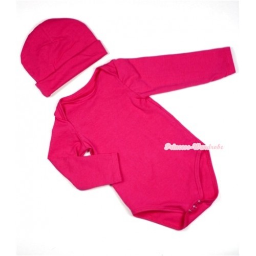 Plain Style Hot Pink Long Sleeve Baby Jumpsuit with Cap Set LH157 