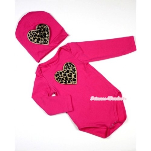 Hot Pink Long Sleeve Baby Jumpsuit with Leopard Heart Print with Cap Set LS88 