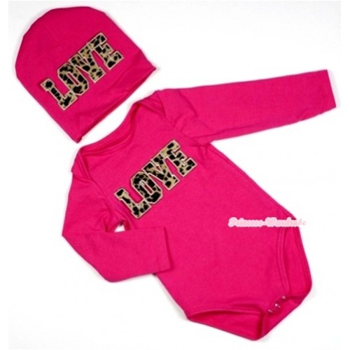 Hot Pink Long Sleeve Baby Jumpsuit with Leopard Love Print with Cap Set LS90 
