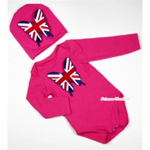 Hot Pink Long Sleeve Baby Jumpsuit with Patriotic British Butterfly Print with Cap Set LS96 