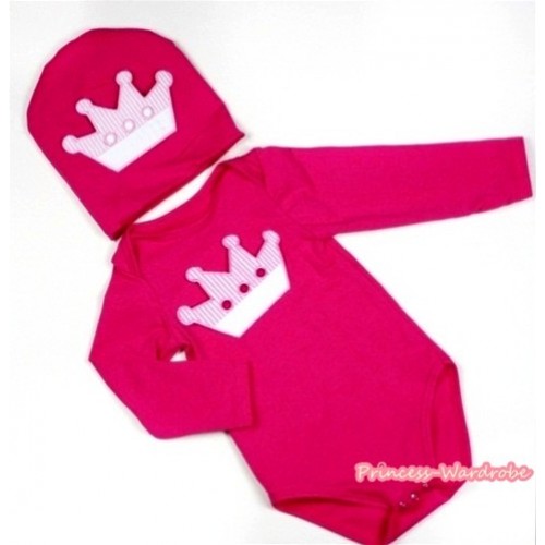 Hot Pink Long Sleeve Baby Jumpsuit with Crown Print with Cap Set LS103 