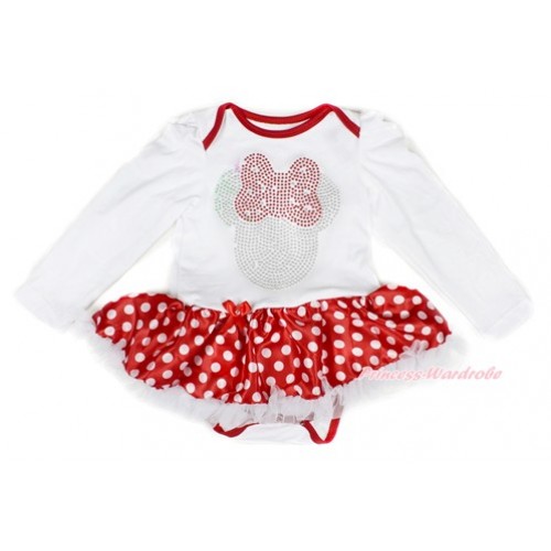  Xmas White Long Sleeve Baby Bodysuit Jumpsuit Minnie Dots White Pettiskirt With Sparkle Crystal Bling Red Minnie Print Print JS2308 