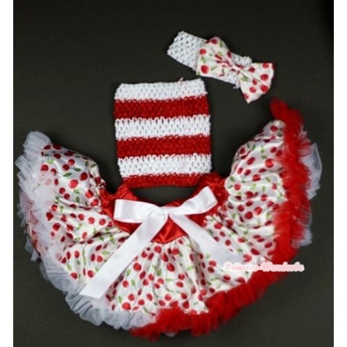 White Cherry Baby Pettiskirt, Red White Striped Crochet Tube Top,White Headband with White Cherry Bow 3PC Set CT485 
