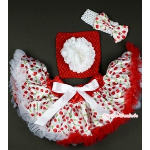 White Cherry Baby Pettiskirt,White Peony and Red White Striped Crochet Tube Top,White Headband with White Cherry Bow 3PC Set CT486 