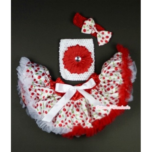 White Cherry Baby Pettiskirt,Red Flower and White Crochet Tube Top,Red Headband with White Cherry Bow 3PC Set CT487 