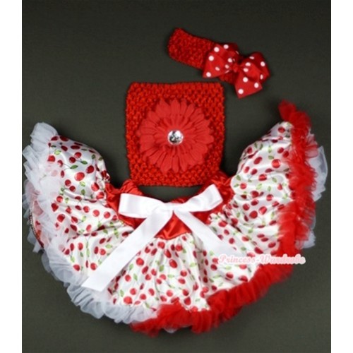 White Cherry Baby Pettiskirt,Red Flower and Red Crochet Tube Top,Red Headband with Red White Polka Dots Bow 3PC Set CT488 
