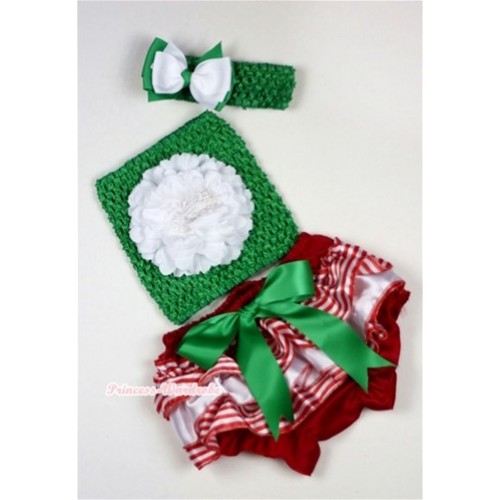 Red White Striped Panties Bloomers with Big Green Bow,White Peony Green Crochet Tube Top and Green White Bow Green Headband 3PC Set CT490 