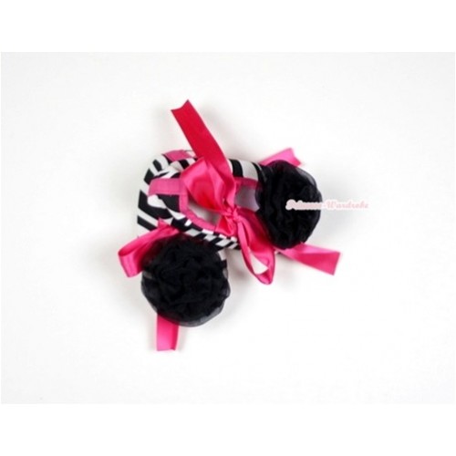 Zebra Crib Shoes with Hot Pink Ribbon with Black Rosettes S479 