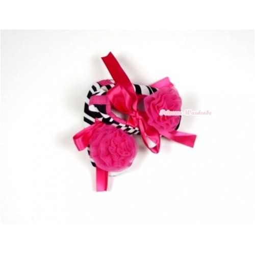 Zebra Crib Shoes with Hot Pink Ribbon with Hot Pink Rosettes S480 