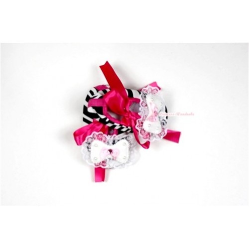 Zebra Crib Shoes with Hot Pink Ribbon with Lace Bow S482 