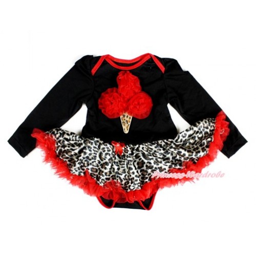 Black Long Sleeve Baby Bodysuit Jumpsuit Leopard Red Pettiskirt With Red Rosettes Leopard Ice Cream Print JS2357 