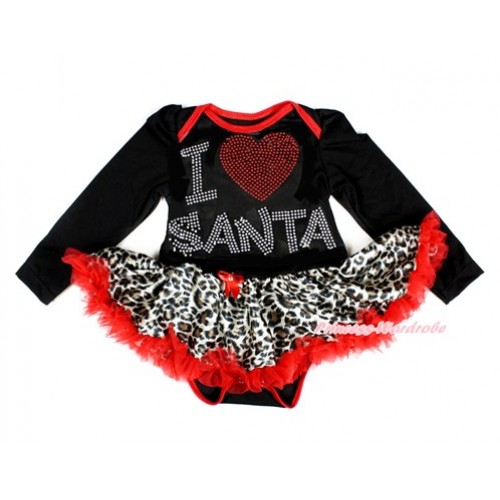XmasBlack Long Sleeve Baby Bodysuit Jumpsuit Leopard Red Pettiskirt With Sparkle Crystal Bling I Love Santa Print JS2360 