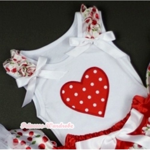 Red White Polka Dots Heart Print White Tank Top with White Cherry Ruffles White Bows TB188 