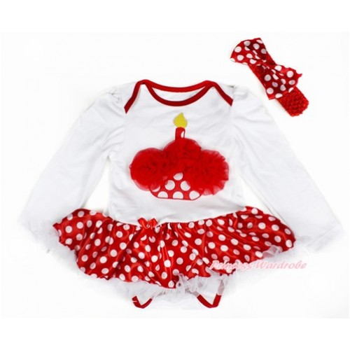 White Long Sleeve Baby Bodysuit Jumpsuit Minnie Dots White Pettiskirt With Red Rosettes Minnie Dots Birthday Cake Print & Red Headband Minnie Dots Satin Bow JS2367 
