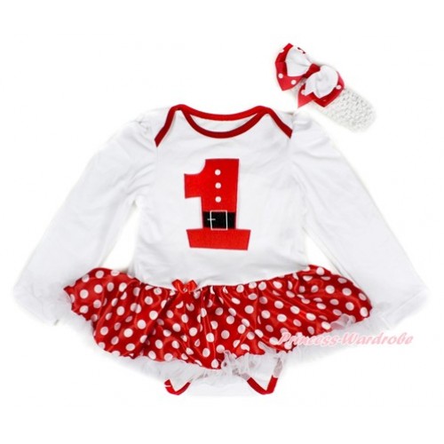 Xmas White Long Sleeve Baby Bodysuit Jumpsuit Minnie Dots White Pettiskirt With 1st Santa Claus Birthday Number Print & White Headband White Minnie Dots Ribbon Bow JS2369 