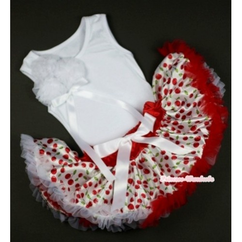 White Baby Pettitop with Bunch of White Rosettes and White Bow &White Cherry Baby Pettiskirt  NG1025 