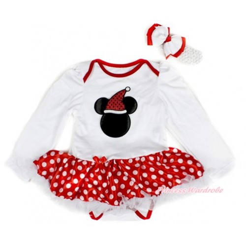 Xmas White Long Sleeve Baby Bodysuit Jumpsuit Minnie Dots White Pettiskirt With Christmas Minnie Print & White Headband White Red Ribbon Bow JS2372 